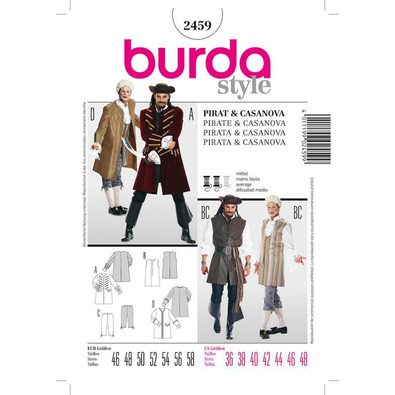 Patron Burda 2459 Historique Pirate Casanova 46/58