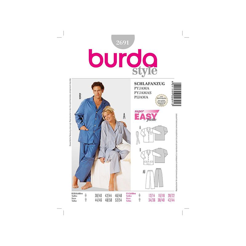 Patron Burda 2691 Style Pyjama 38/48 44/54