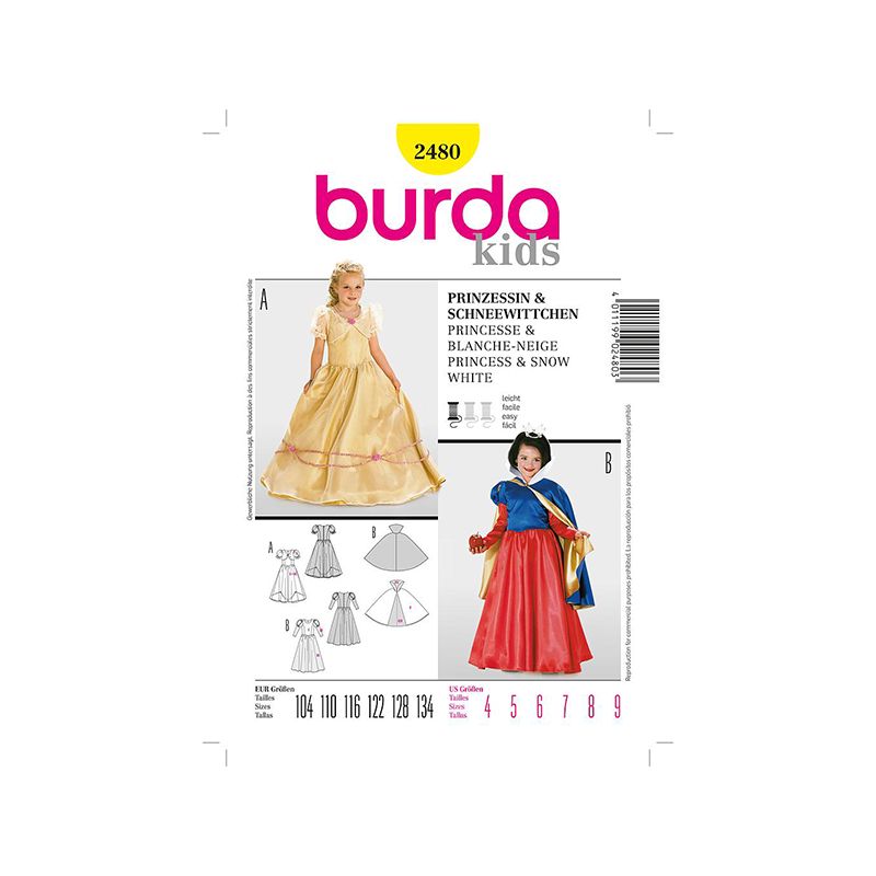 Patron Burda Historique 2480 Princesse Blanche Neige 104/134