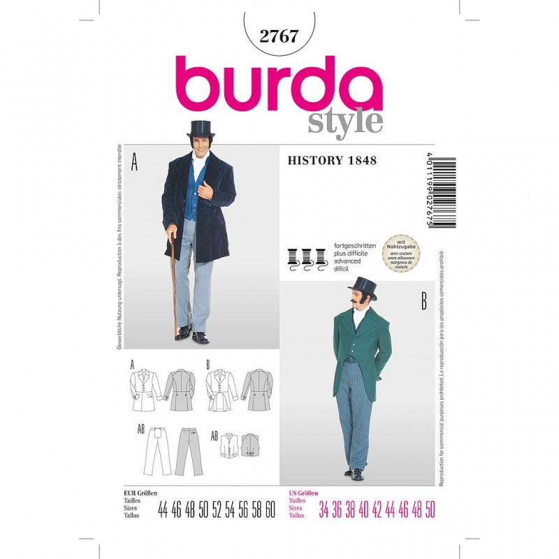 Patron Burda Historique 2767 Costume des année 1848 44/60