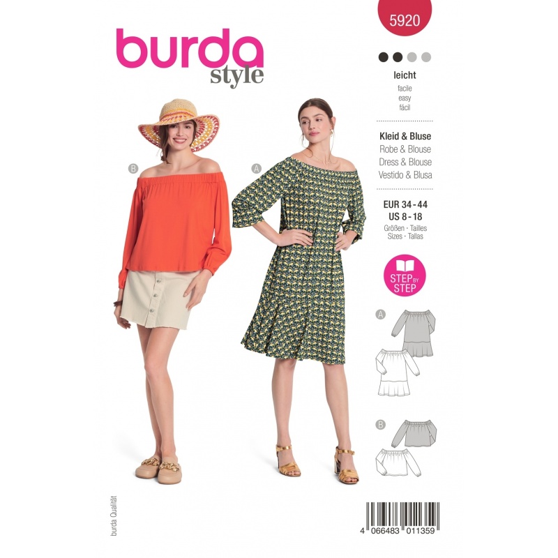 Patron Burda 5920 Robe/blouse Decollete Carmen 34/44