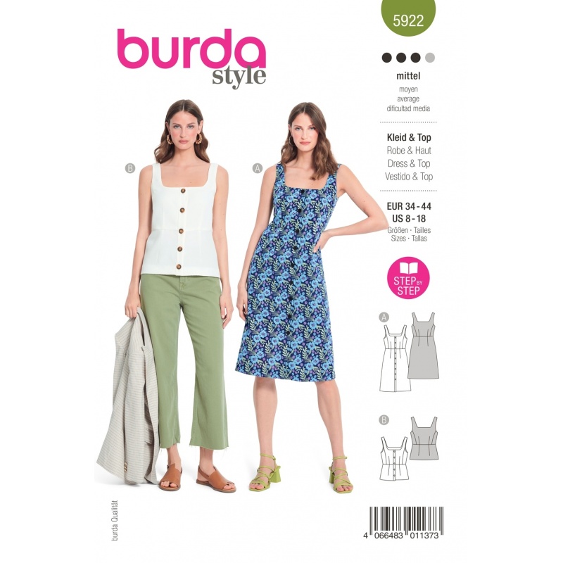 Patron Burda 5922 Robe/top Bretelles Larges 34/44