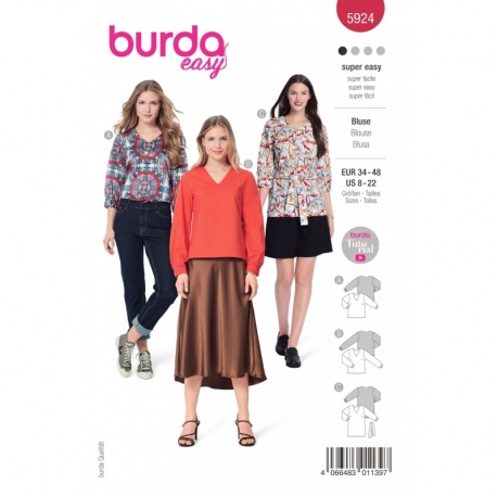 Patron Burda 5924 Blouse Simple Col V 34/48