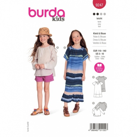 Patron Burda 9247 Kids Robe/blouse Manche Raglan 110/140