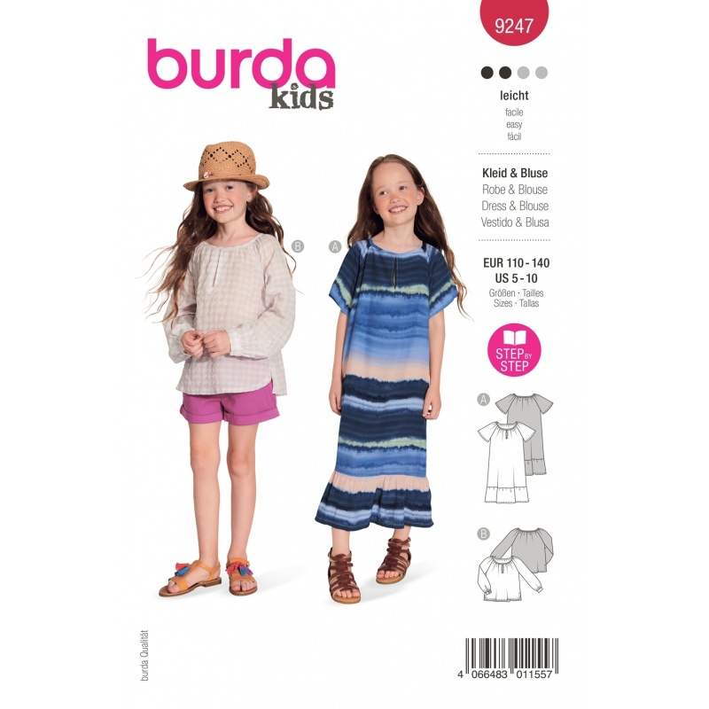 Patron Burda 9247 Kids Robe/blouse Manche Raglan 110/140