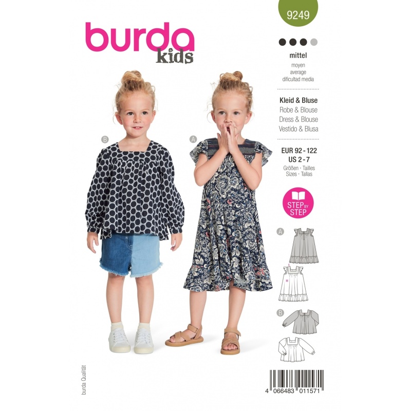 Patron Burda 9249 Kids Robe/blouse Col Rectangulaire 92/122