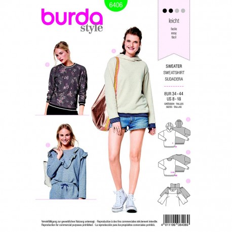 Patron Burda Style 6406 Sweat Shirt Taille 34/44