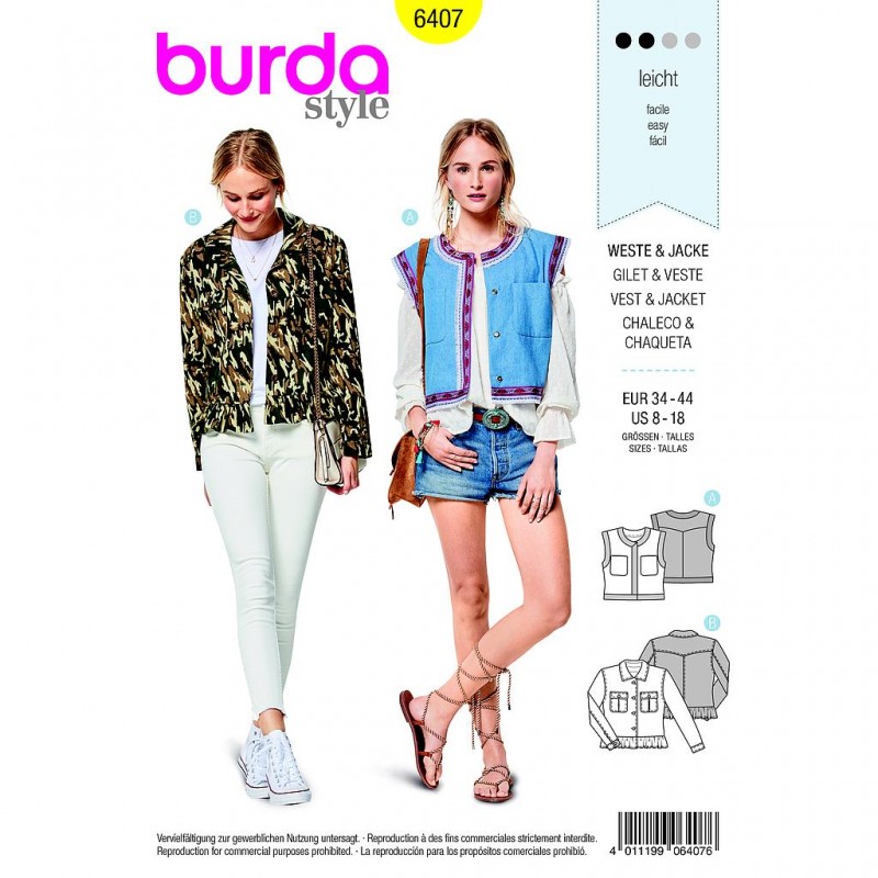 Patron Burda Style 6407 Gilet Veste Taille 34/44