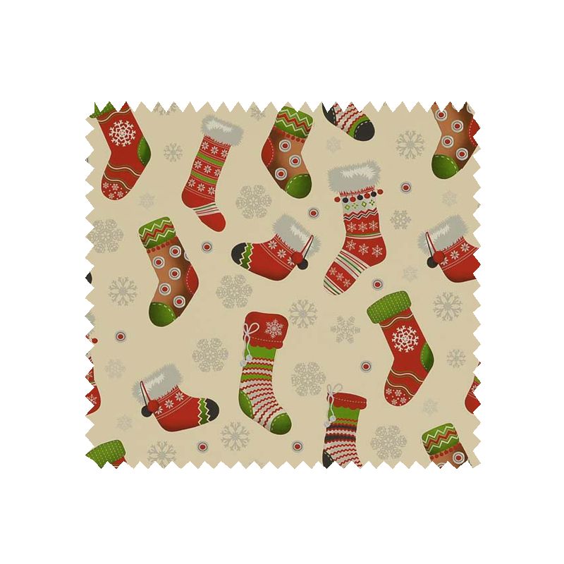 Tissu Coton de Noël Imprimé Chaussettes Fond Ecru