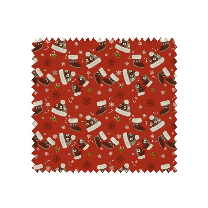Tissu Coton de Noël Imprimé Bonnet Moufle Fond Rouge