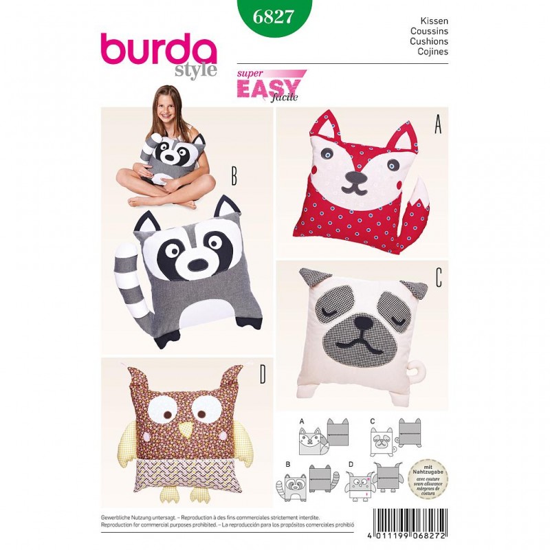 Patron Burda Style 6827 Coussins Animaux