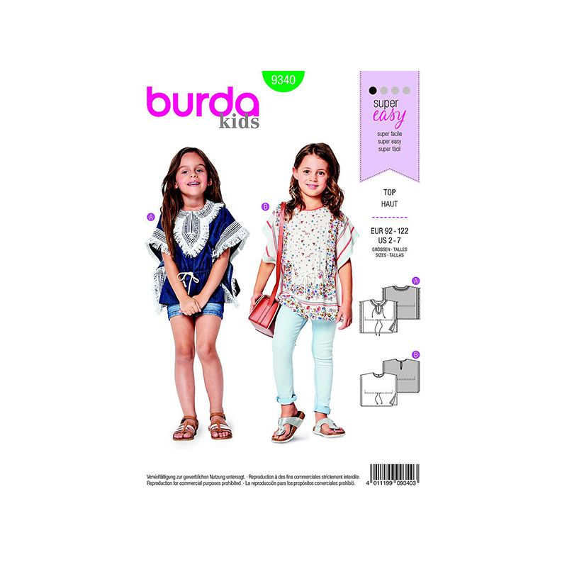 Patron Burda Kids 9340  Kids T-Shirt Poncho Taille 92/122CM