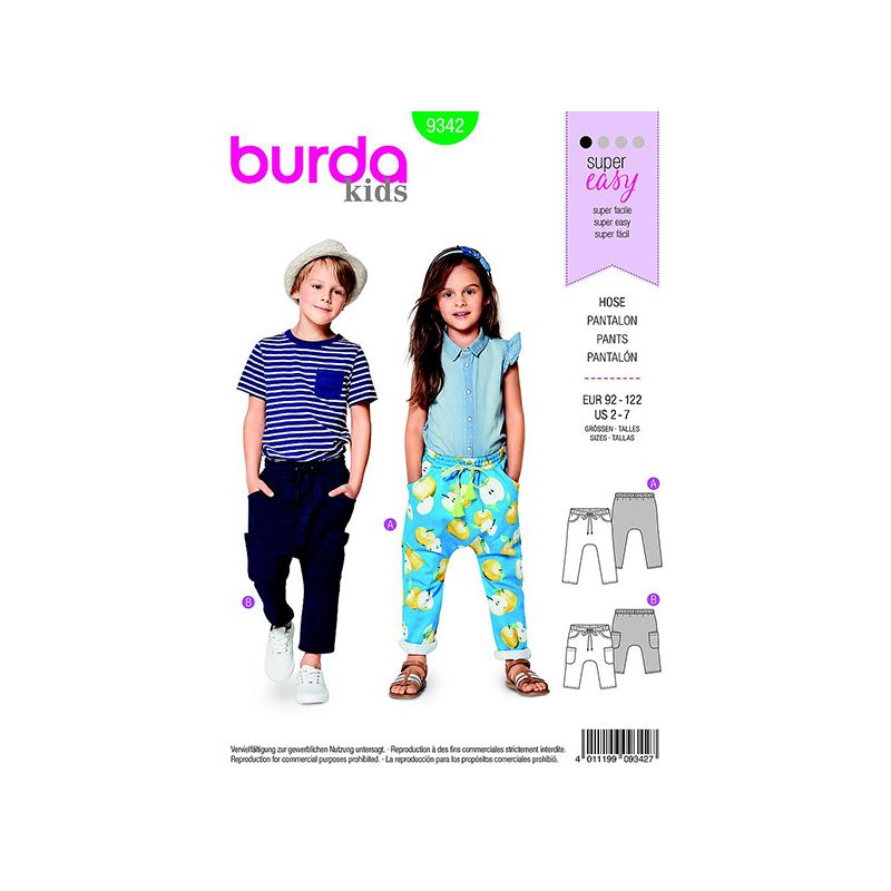 Patron Burda Kids 9342 Pantalon Taille 92/122CM