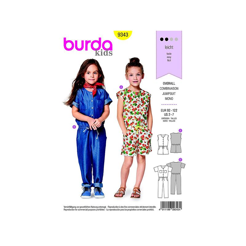Patron Burda Kids 9343 Combinaison taille 92/122CM