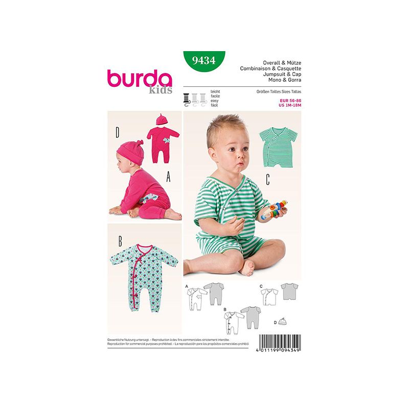 Patron Burda Kids 9434 Combinaison et casquette 56/86