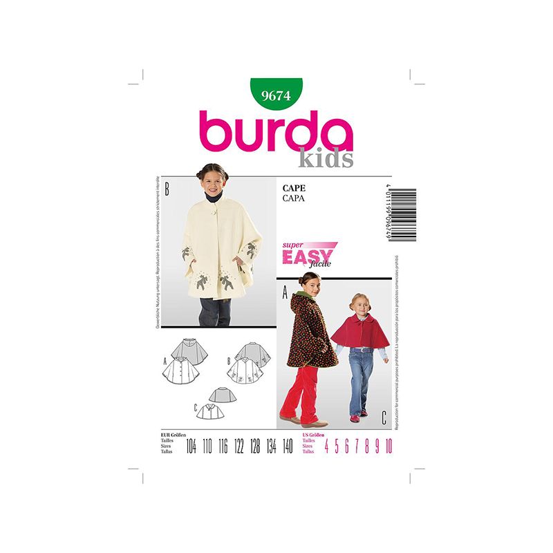 Patron Burda Kids 9674 Manteau Cape 104/140