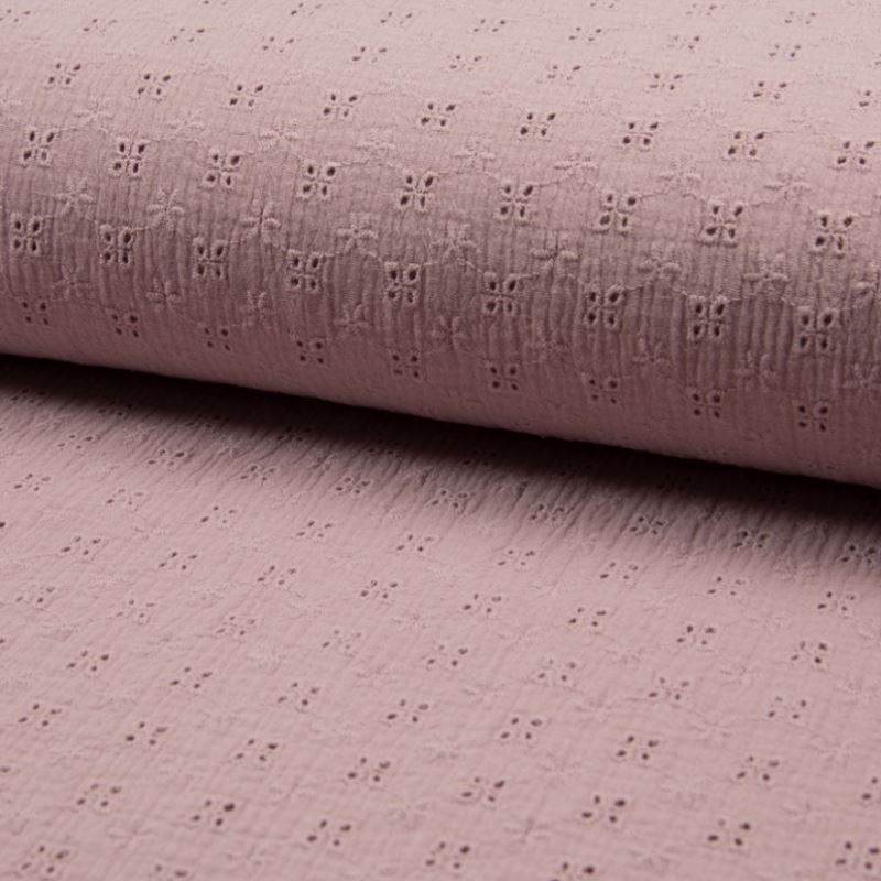 Tissu Double Gaze Brodé Rose Clair