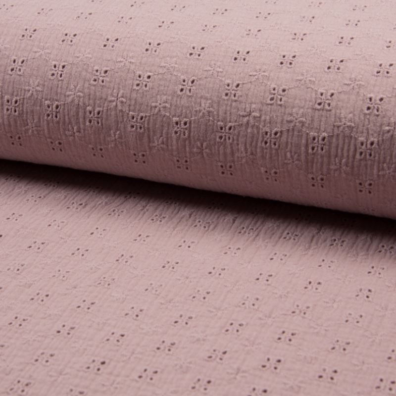 Tissu Double Gaze Brodé Rose Clair