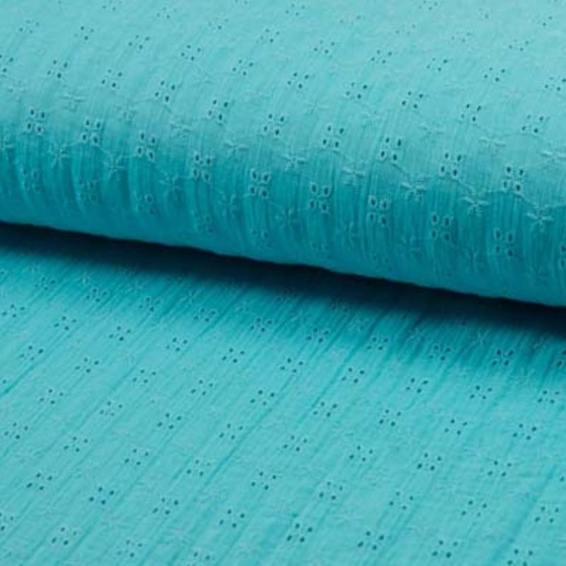 Tissu Double Gaze Broderie Anglaise Turquoise