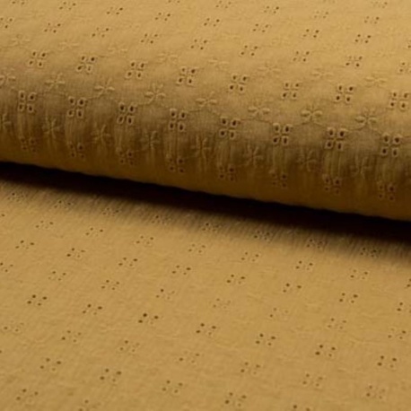 Tissu Double Gaze Broderie Anglaise Caramel