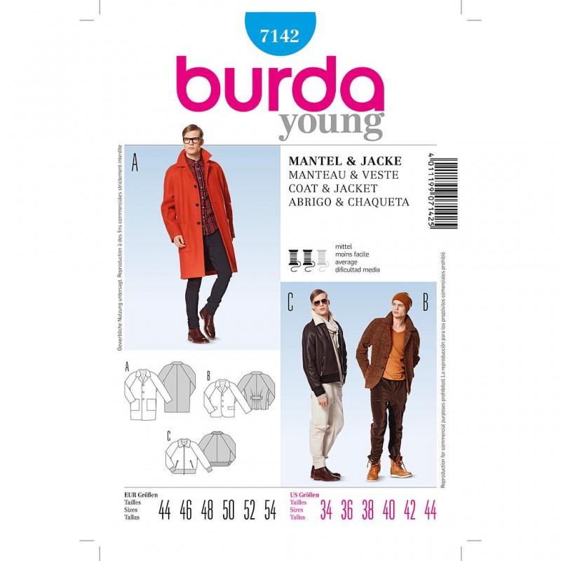 Patron Burda Style 7142 Manteau Veste Homme 44/54