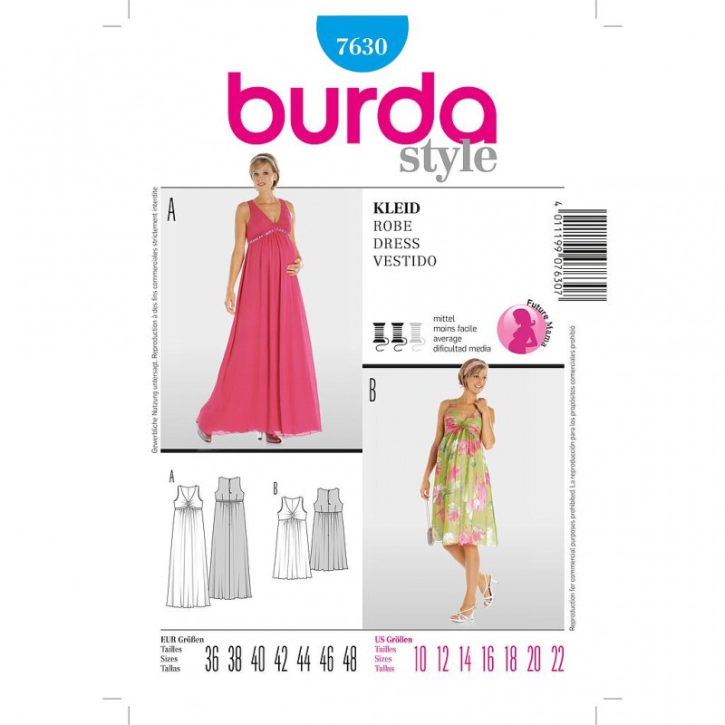 Patron Burda Style 7630 Robe Femme Enceinte 36/48