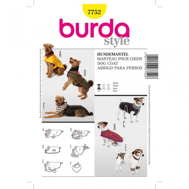 Patron Burda Créative 7752 Manteau pour Chien S/L