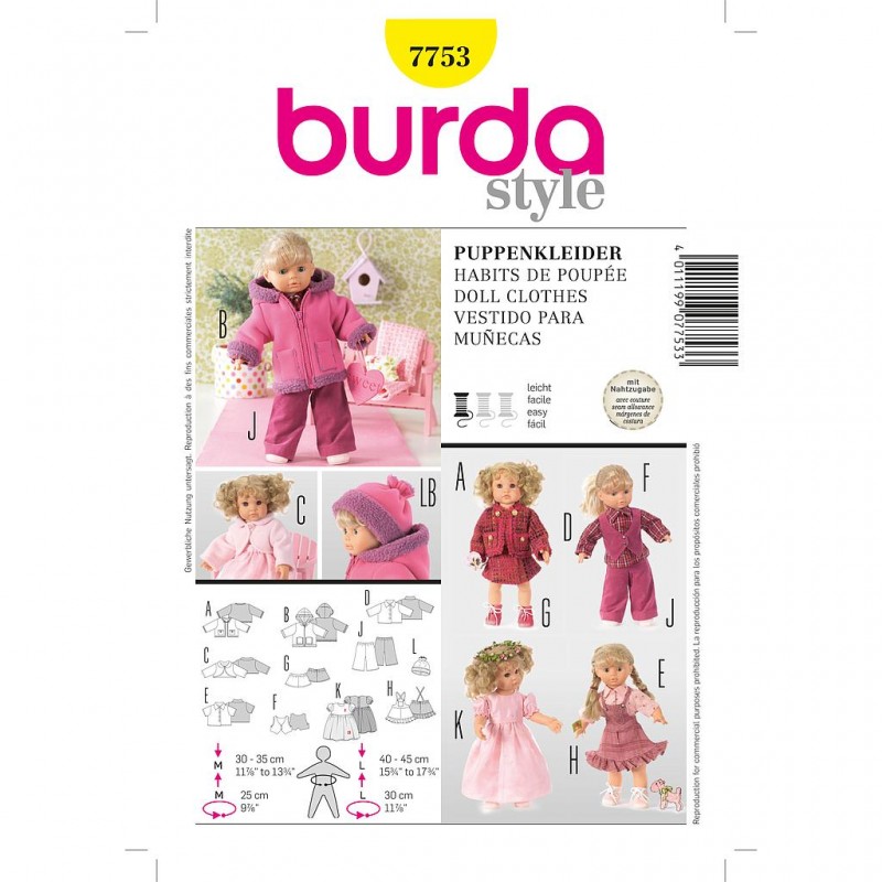 Patron Burda Créative 7753 Vêtements de Poupée M/L