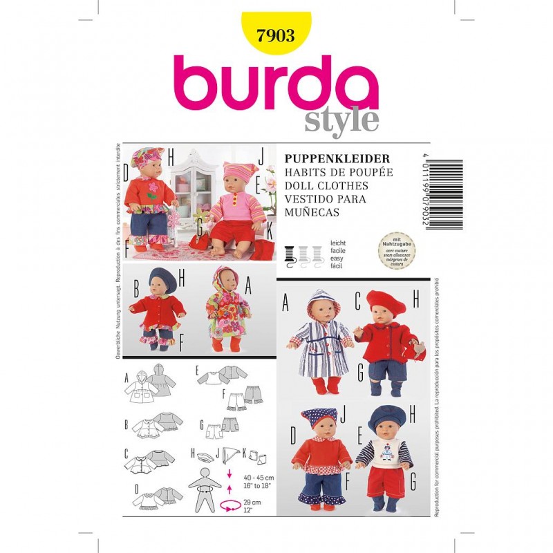 Patron Burda Créative 7903 Robes de Poupée 40/45CM