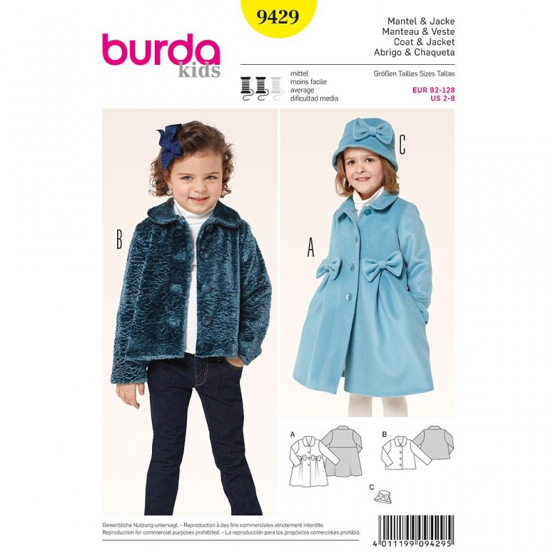 Patron Burda Kids 9429 Manteau et veste 92/128CM