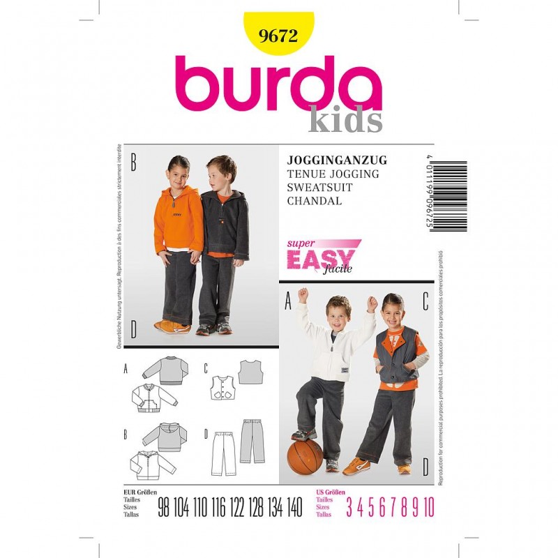 Patron Burda Kids 9672 Ensemble Jogging Filles et Garçon 104/164