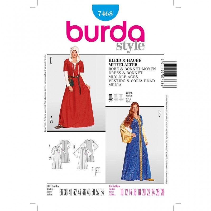 Patron Burda Style 7468 Historique Robe Bonnet Moyen Age  36/54