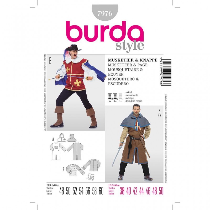 Patron Burda Historique 7976Mousquetaire Ecuyer 48/60