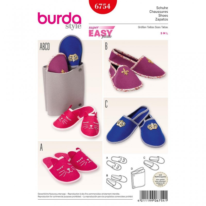 Patron Burda Style 6754 Pantoufles S/L