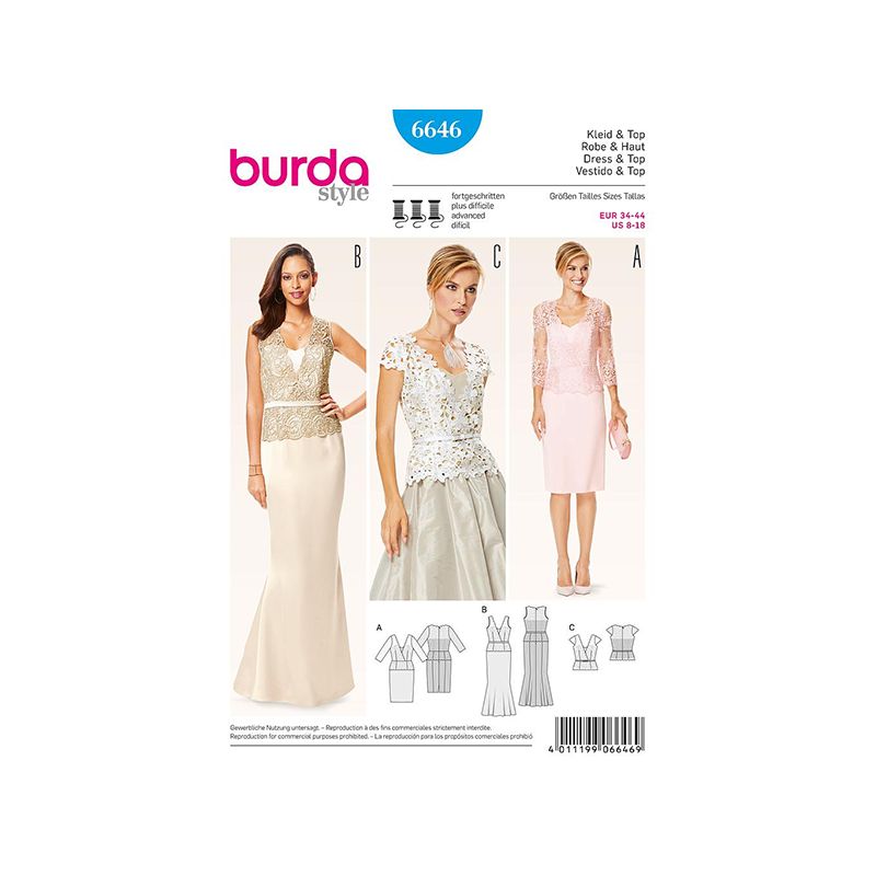 Patron Burda Style 6646 Robe Haut 34/44