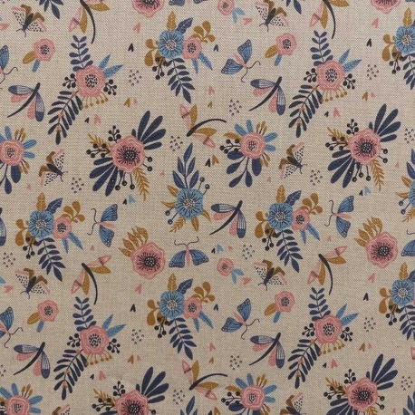 Tissu Toile Imprimée Hycu Fleur Bleu Fond Coloris Lin