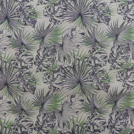 Tissu Toile Imprimée Hycu Feuille Vert Fond Coloris Lin