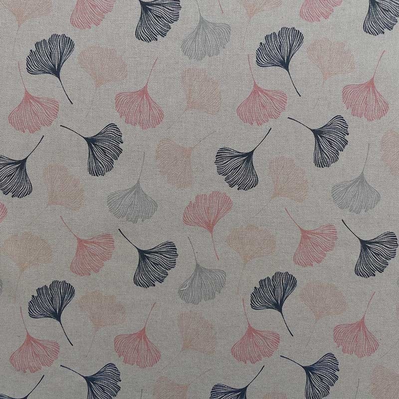 Tissu Toile Imprimée Hycu Gingko Rose Fond Coloris Lin