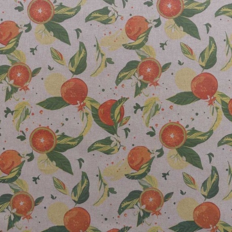 Tissu Toile Imprimée Hycu Agrume Orange Fond Coloris Lin