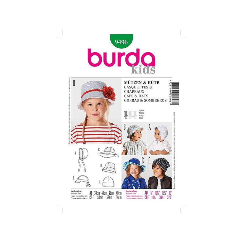 Patron Burda Kids 9496 Casquette et Chapeau