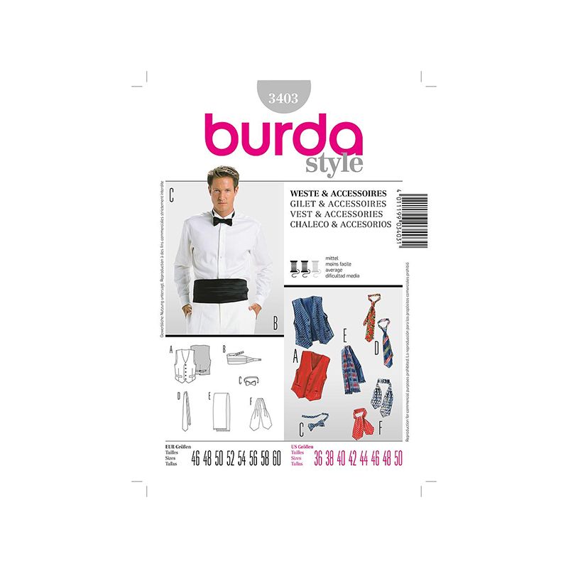 Patron Burda Style 3403 Gilet Accessoires 46/60