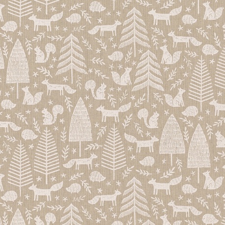 Tissu Toile Demi Panama Foret Animal Fond Lin 