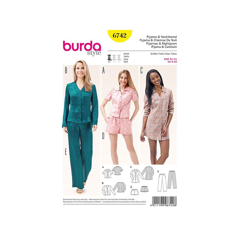 Patron Burda Style 6742 Pyjama et Chemise de Nuit 34/44