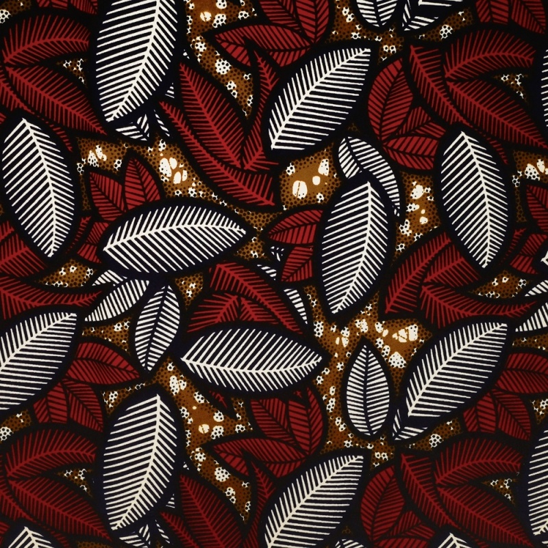 Tissu Wax Imprimé Motif Feuille Rouge et Blanc