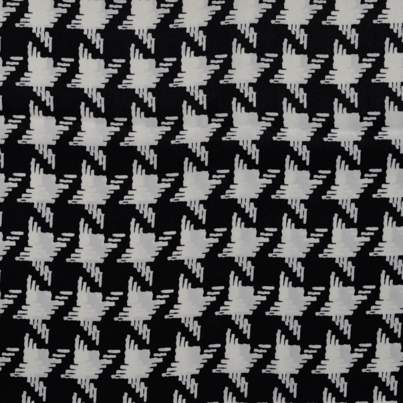 Tissu Satin Polyester Imprimé Pied de Poule Noir 