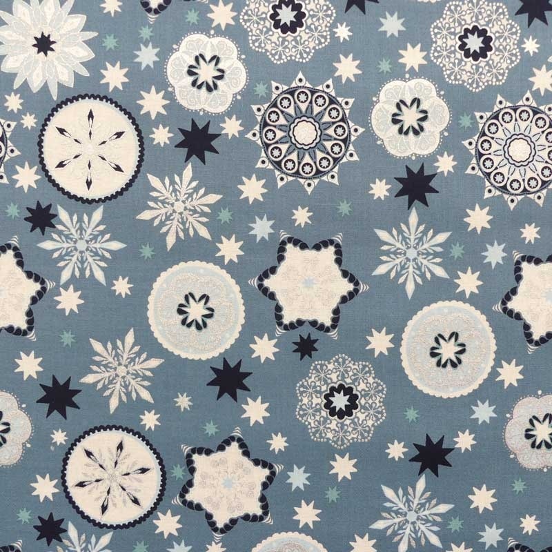 Tissu Coton Noël Imprimé Etoile Bleu Gris