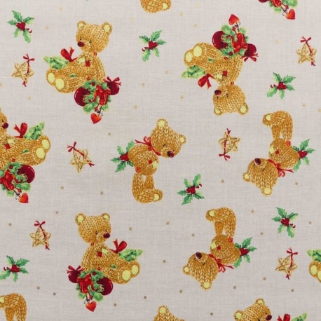 Tissu Coton Noël Imprimé Nounours Ecru 