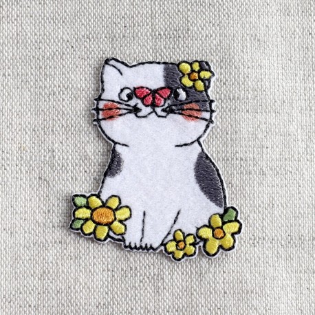 Ecusson chat avec fleur - Blanc