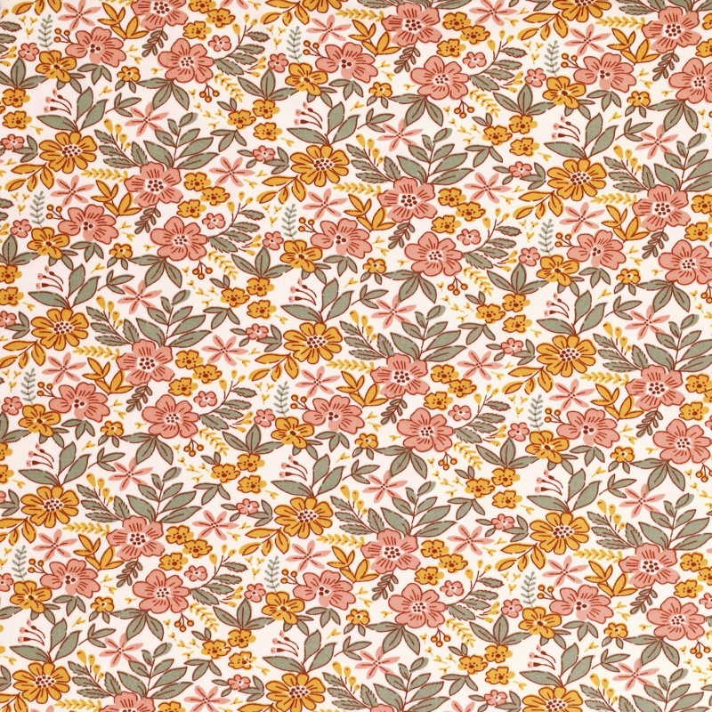 Tissu Jersey Imprimé Fleurs Rose vert et jaune 