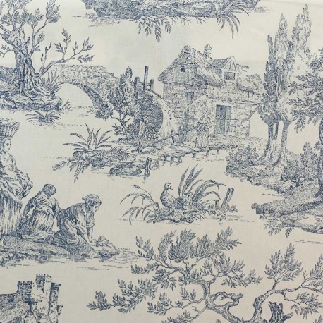 Tissu Toile de Jouy Demi Natte Grande Largeur Bleu